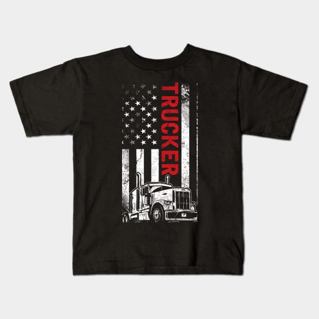 Vintage Trucker Gift American Flag Truck Driver Kids T-Shirt by kenjones